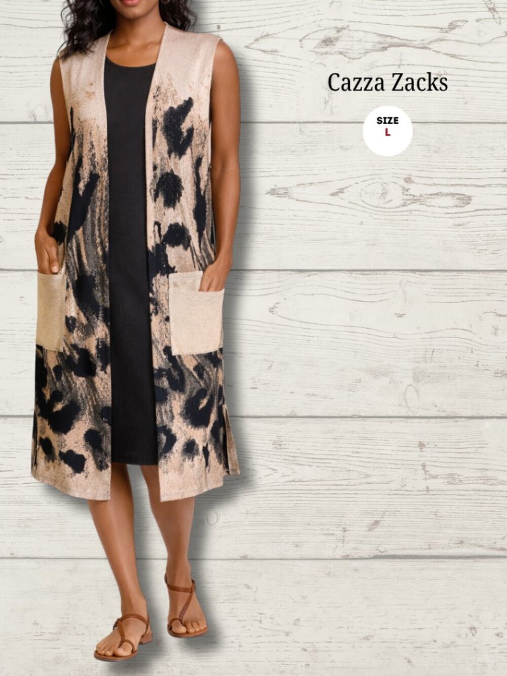 Cazza Zacks Long Open Cardigan | Size Large | Animal Print | Sleeveless | Pocket
